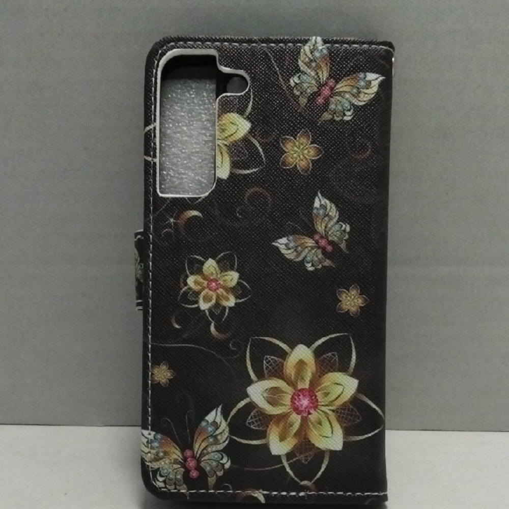 Samsung Galaxy‎ S22 Black and Gold Floral Butterfly Case W/Strap And Card Slots.
